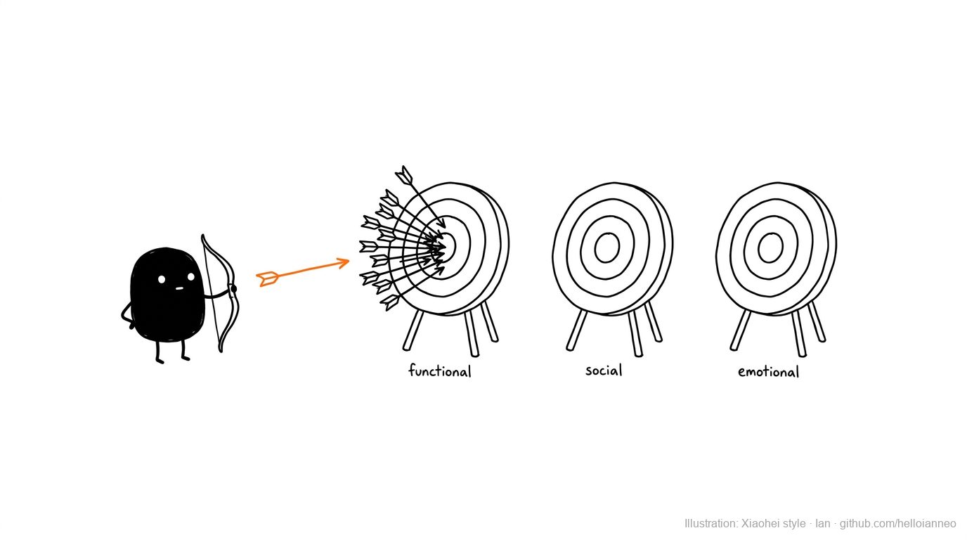 Illustration: Xiaohei firing arrow after arrow into the functional target, already full of arrows, while the social and emotional targets stand empty. Xiaohei illustration style by Ian.