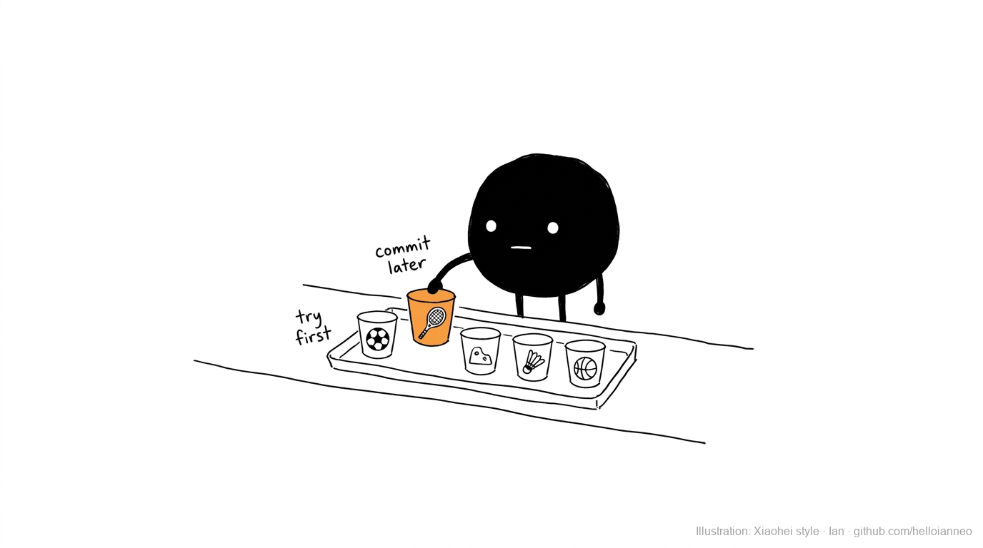 Illustration: Xiaohei at a counter of small sport tasters, picking one to sample, labelled try first and commit later. Xiaohei illustration style by Ian.