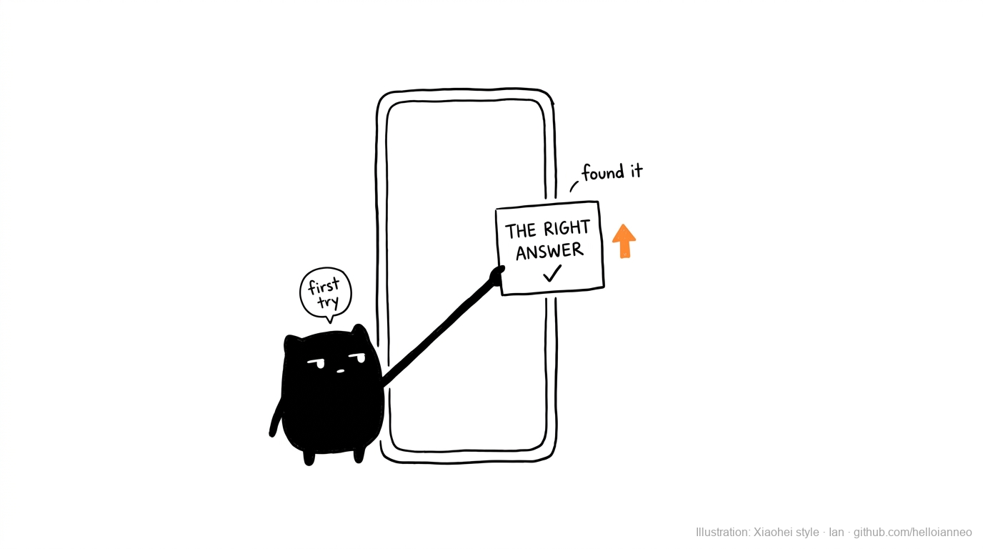 Illustration: a first-time Xiaohei pulling the right answer card out of a phone in one confident move, labelled first try and found it. Xiaohei illustration style by Ian.