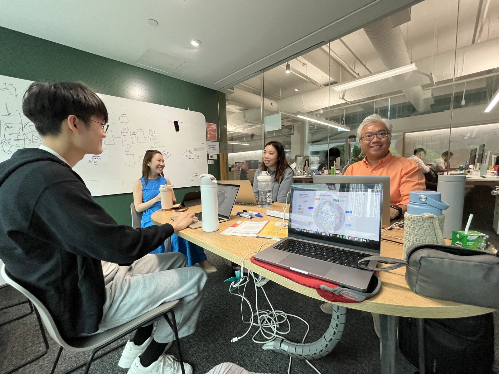 Photo: the Healthy 365 team working together around a table, laptops showing the app's dashboards and flow diagrams on the whiteboard behind.