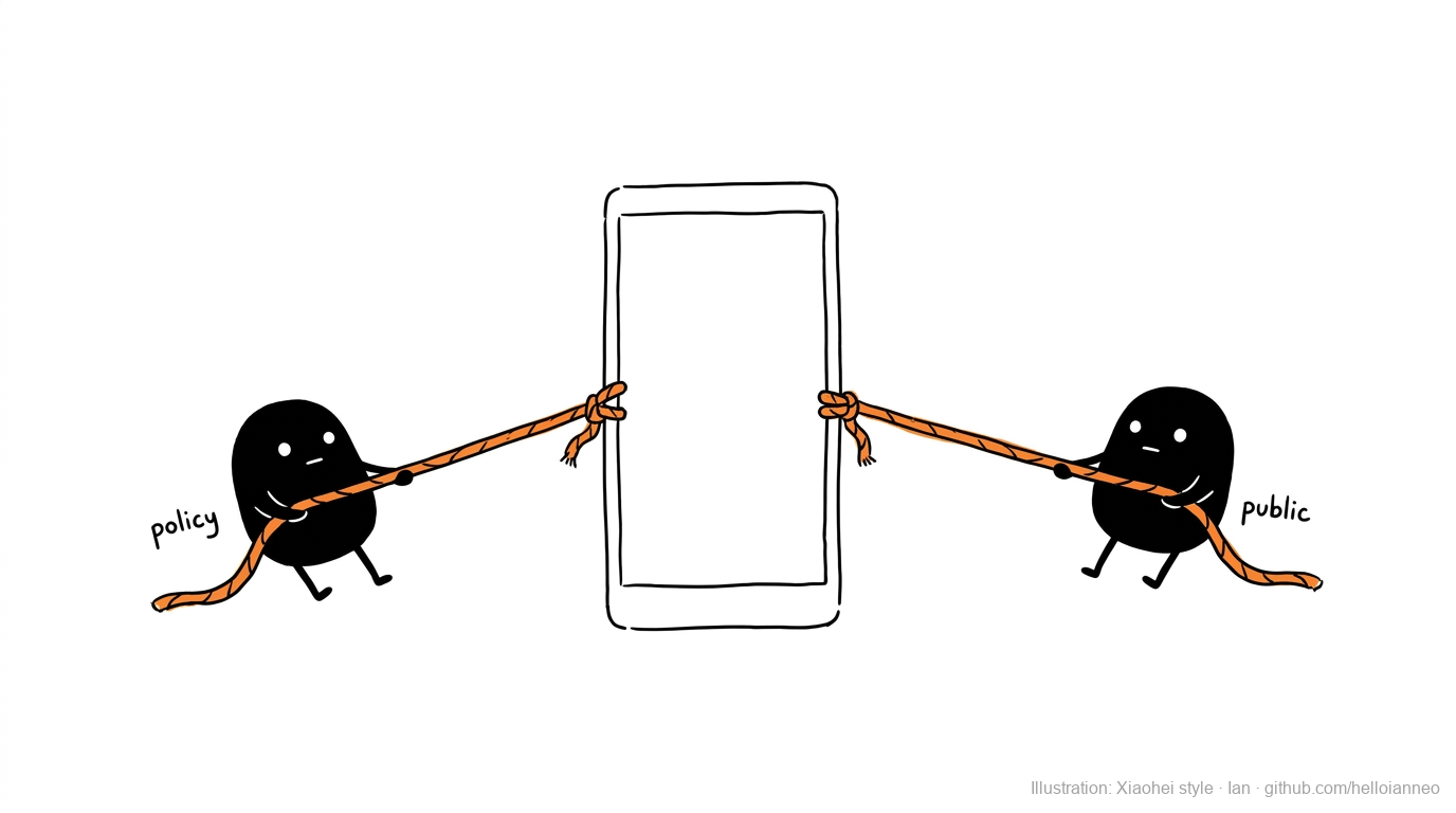 Illustration: two Xiaohei figures in a tug-of-war over one phone screen, one labelled policy, the other public, the app pulled between two masters. Xiaohei illustration style by Ian.