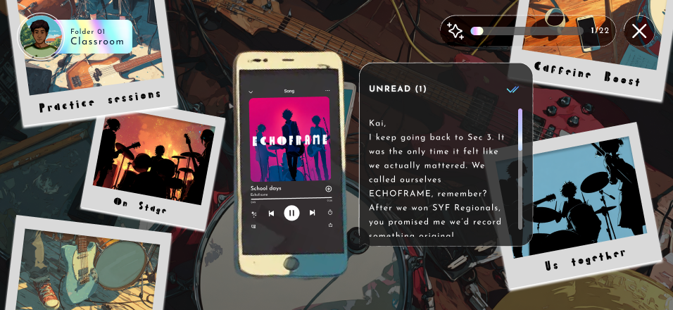 In-game exploration screen from THE LAST HOUR: Kai's phone playing his band ECHOFRAME, an unread message from Kai, and polaroid clue cards labelled practice sessions, on stage, and us together.