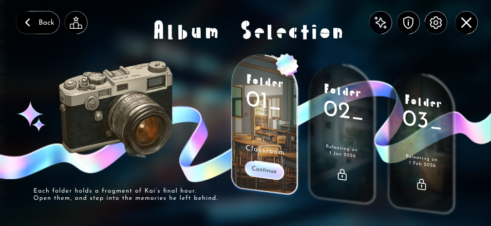 Album Selection screen: Kai's digital camera and its three folders.