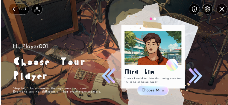 Choose your player screen with the illustrated character Mira Lim.