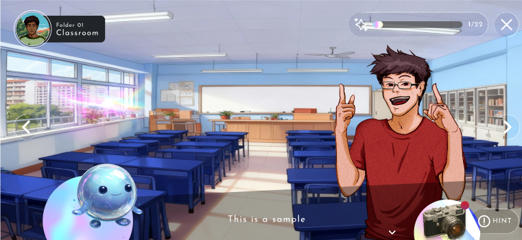 First-person classroom scene with a character and the companion Lumo.
