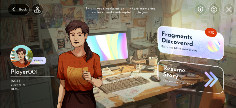 Home menu with the protagonist and the angled Fragments Discovered and Resume Story cards.